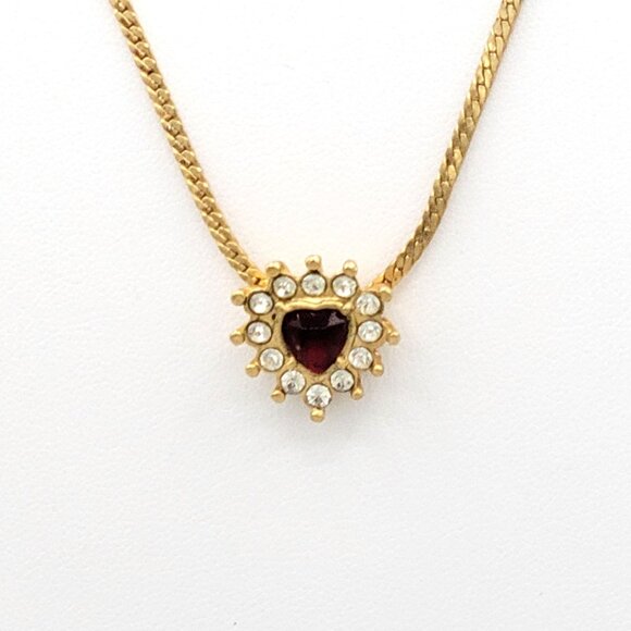 Gold Tone Heart Pendant Necklace With Red Gemstone and Clear Crystals 18" - Picture 1 of 9